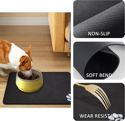 YCT Pet Cat Food Mats for Dog Food Mat, Cat Mat for Food, Pet Dog Cat Feeding Mat Eating Mat Pet Dog Cat Bowl Mats, Non-Slip Super Absorbent, with Footprints Logo，24 x 16.9 inches, Dark Grey