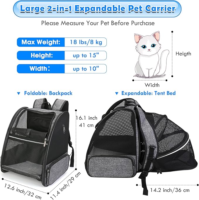 Cat Carrier Expandable Backpack, Airline Approved Pet Carriers for Small Dogs, Large Cat Bag Carrier, Foldable Collapsible Travel Bookbag for Carrying Cats Puppy Kitten Bunny Bird Chicken (Black)