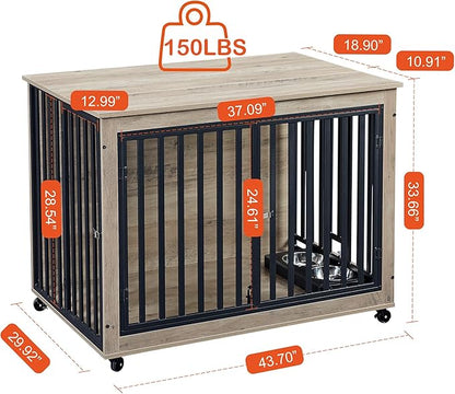NicBex Dog Crate Furniture Dog Cage with Removable Feeding Bowls and 3 Doors