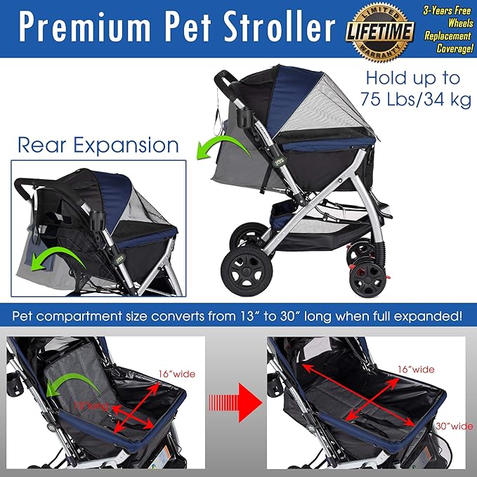 HPZ Pet Rover Premium Heavy Duty Dog/Cat/Pet Stroller Travel Carriage With Convertible Compartment/Zipperless Entry/Reversible Handle/Pump-Free Rubber Tires for Small