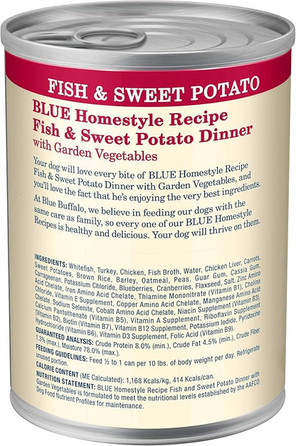 Blue Buffalo Homestyle Recipe Natural Adult Wet Dog Food, Fish & Sweet Potato 12.5 oz cans (Pack of 12)