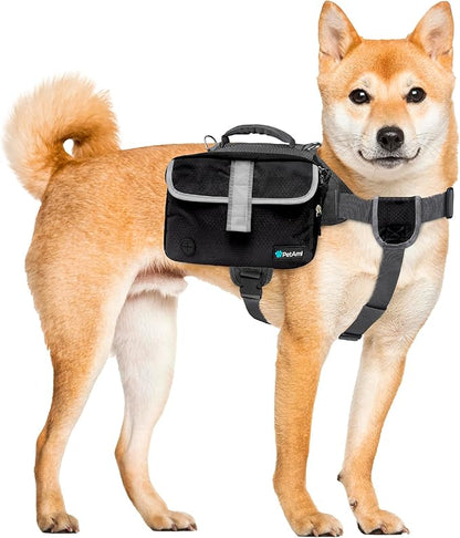 PetAmi Dog Backpack Saddle Bag for Medium Large Dogs, Dog Saddlebag for Dogs to Wear, Harness Saddlebag for Hiking with Reflective Safety Side Pockets, Vest Dog Pack for Camping Travel (Black, Medium)