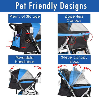 HPZ PET Rover Premium Heavy Duty Dog/Cat/Pet Stroller Travel Carriage with Convertible Compartment/Zipperless Entry/Reversible Handlebar/Pump-Free Rubber Tires for Small