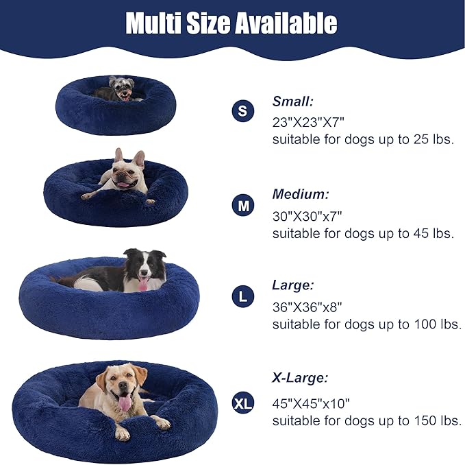 30" Calming Dog Bed with Removable Cover,Anti Anxiety Donut Dog Bed,Plush Round Pet Beds for Medium Dogs,Fluffy Faux Fur Dog Bed,Washable Cuddler Dog Bed(Dark Blue,Medium)