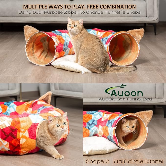 AUOON Cat Tunnel Bed with Central Mat,Big Tube Playground Toys,Soft Plush Material,Full Moon Shape for Kitten,Cat,Puppy,Rabbit,Ferret (Orange)