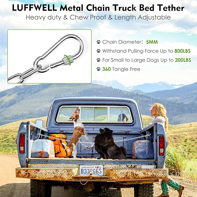 Chain Dog Truck Bed Cross Tether, Chew Proof Truck Bed Dog Leash System for Two Dogs, Heavy Duty Dog Vehicle Bed Restraints Tie Down Tether, Metal Pet Bed Harness Barrier Lead for Pickup, Car, Trucks