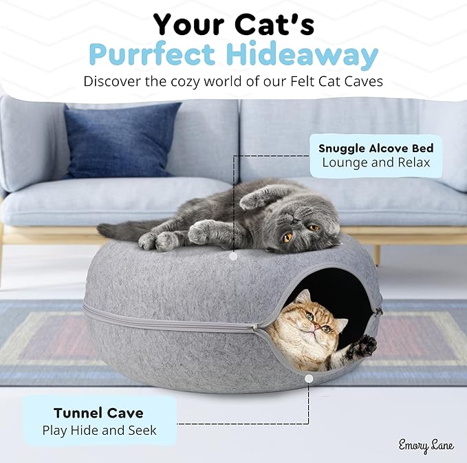 Emory Lane - Premium Cat Cave for Small Pets, Multifunctional Donut Tunnel Bed for Indoor Pets, Round Felt Pet Cave with Premium Zipper, for Pets up to 40 Lbs (24x24x11 Inch) (Light Gray)