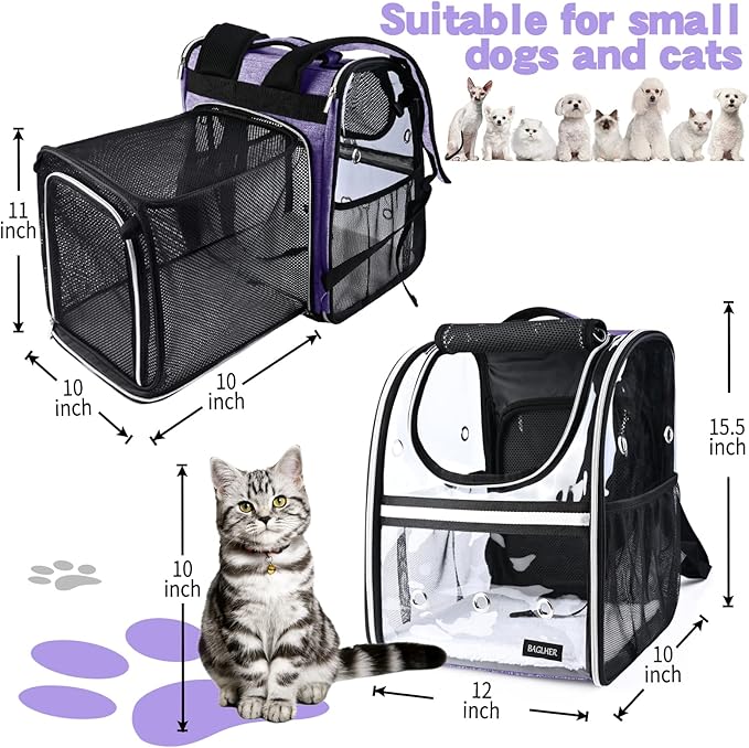 BAGLHER Expandable Pet Carrier Backpack，Pet Bubble Backpack for Small Cats Puppies Dogs Bunny, Airline-Approved Ventilate Transparent Capsule Backpack for Travel, Hiking and Outdoor Use. Purple