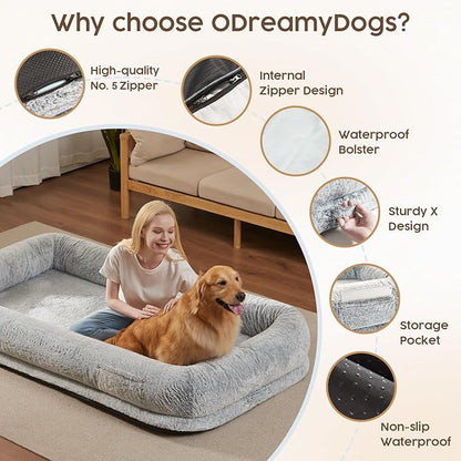 Human Dog Bed Cover (No Filler, Cover only), Human Size Dog Bed Cover Replacement, Suit for 72"x48"x10", 320 GSM Luxurious Fluffy Faux Fur Cover Washable Removable Anti-Slip, Grey