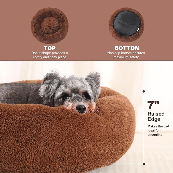 23" Calming Dog Bed,Anti Anxiety Donut Dog Bed,Plush Round Pet Beds for Small Dogs,Fluffy Faux Fur Cat Bed,Washable Cuddler Dog Bed(Brown,Small)