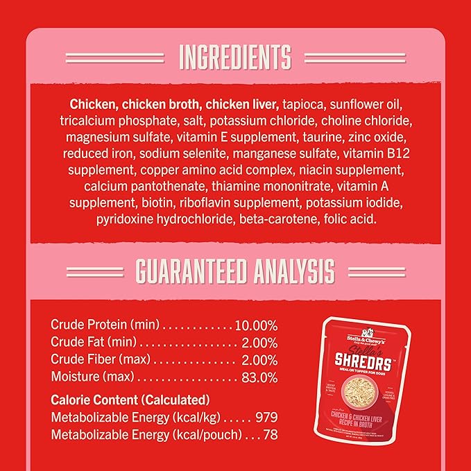 Stella & Chewy's Stella’s Shredrs Cage Free Chicken & Chicken Liver Recipe in Broth, 2.8 oz. Pouches (Pack of 24)