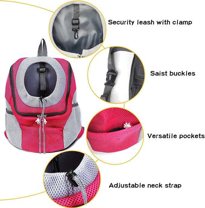 Fhiny Dog Carrier Backpack, Comfortable Doggy Front Backpack Pet Puppy Carrier Travel Pack with Breathable Head Out Design and Padded Shoulder for Walking Biking Hiking Camping (Rose, Large: 9-14lbs)