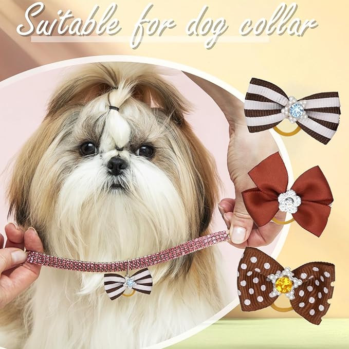 12 Pcs Small Dog Hair Bows with Rubber Bands Bowknot Dog Hair Accessories for Puppy Kitten (Brown)