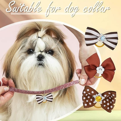 12 Pcs Small Dog Hair Bows with Rubber Bands Bowknot Dog Hair Accessories for Puppy Kitten (Brown)