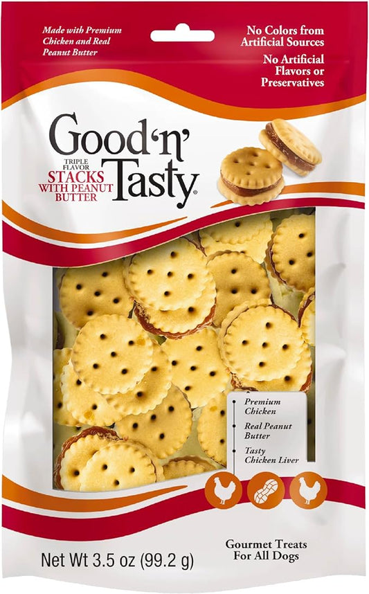 Good 'n' Tasty Triple Flavor Stacks with Peanut Butter, 3.5 Ounces, Bite Sized Snacks for Dogs with Premium Chicken and Real Peanut Butter