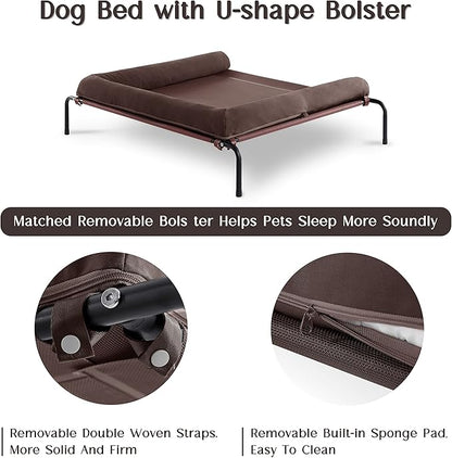 WESTERN HOME WH Elevated Dog Bed Cot, Raised Outdoor Dog Bed with Bolster for Large Dogs, Slightly Chew Proof Portable Cooling Pet Cot with Breathable Mesh, Skid-Resistant Feet, Brown, 43 inches