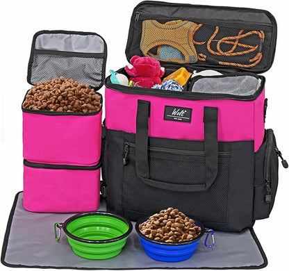 WOLT | Pet Travel Bag Kit for Dog Carrier & Travel, Includes 2 Food Containers + 2 Collapsible Bowls + 1 Placemat, Airline Approved Organizer for Pet Supplies Essentials Camping, Hiking, Weekend Away