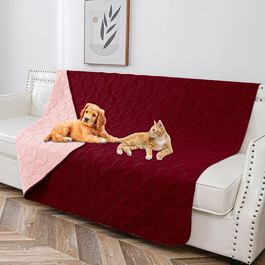 Waterproof Dog Blanket, 68x82 inches Pet Couch Covers for Sofa, Bed Furniture Protector from Dogs Washable and Reversible-Burgundy Red+Pink