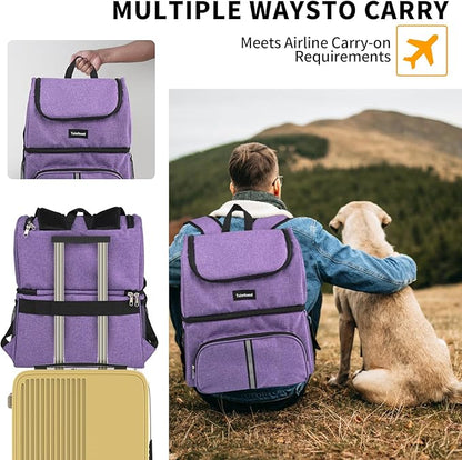 Dog Travel Bag Airline Approved Pet Supplies Backpack with 2 Food Container Dog Bags for Traveling Camping Hiking Purple