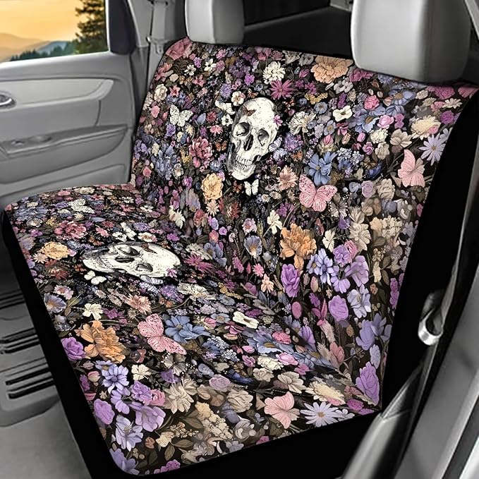 AFPANQZ Skull Floral Car Seat Cover Rear Seats Only High Stretchy Washable Bucket Seat Cushion Protector Backseats Covers for Girls Women