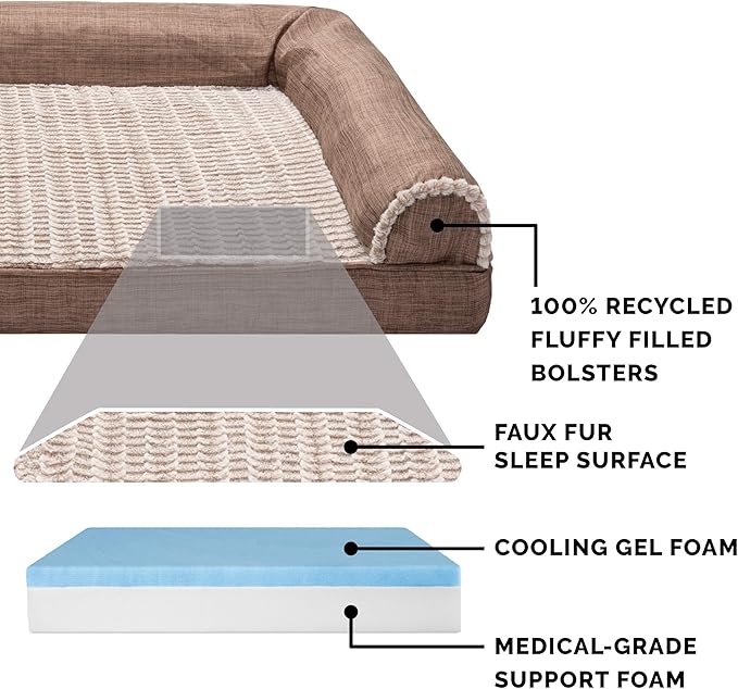 Furhaven Cooling Gel Dog Bed for Large Dogs w/ Removable Bolsters & Washable Cover 95 lbs