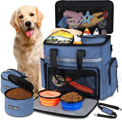 Petskd Dog Travel Bag for Supplies, 27L Large Space Pet Organizer Backpack, Airline Approved Dog Weekend Bag with Multi-Function Pockets for Overnight Camping with 2 Food Containers, 2 Bowls (Blue)