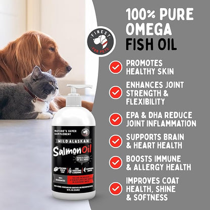 Pure Wild Alaskan Salmon Oil for Dogs & Cats 32oz - Relieves Scratching & Joint Pain, Improves Skin, Coat, Immune & Heart Health. All Natural Omega 3 Liquid Supplement for Pets, EPA + DHA Fatty Acids