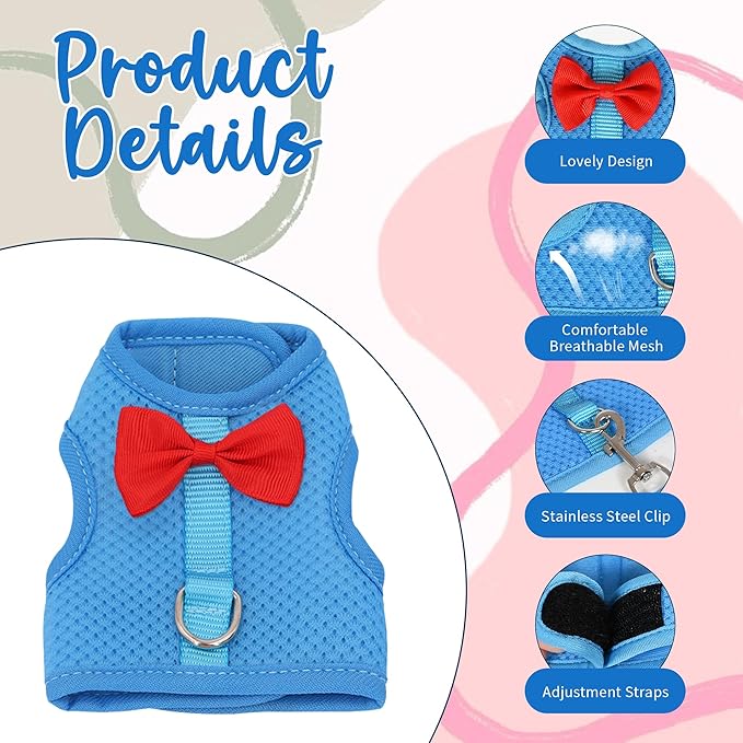 AIITLE Rabbit Harness and Leash Set with Cute Bow, Soft Breathable Mesh Vest Harness for Rabbits Kitten Ferret Puppy Small Pets Walking Supplies Blue S