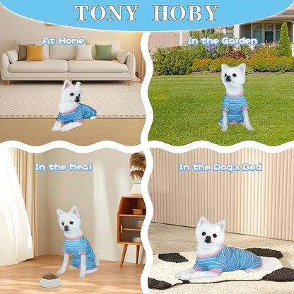 TONY HOBY Female Dog Pajamas, Dog Thermal Pajamas with Stripe, Dog Jumpsuit Pet Clothes for Small Medium Dog (Light Blue, Girl, XS)