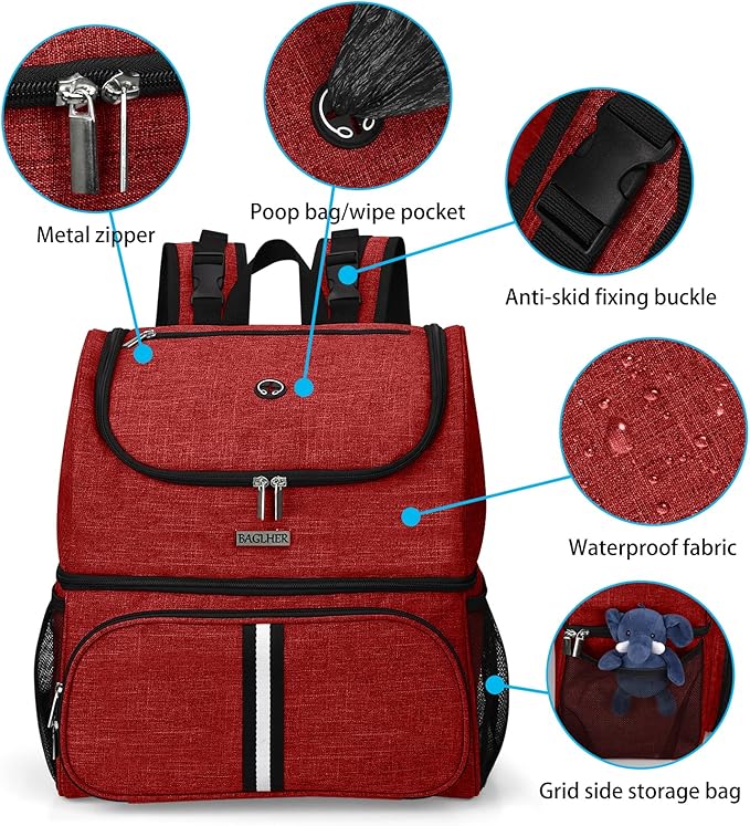 BAGLHER Pet Travel Bag, Double-Layer Pet Supplies Backpack (for All Pet Travel Supplies), Pet Travel Backpack with 2 Silicone Collapsible Bowls and 2 Food Baskets Red