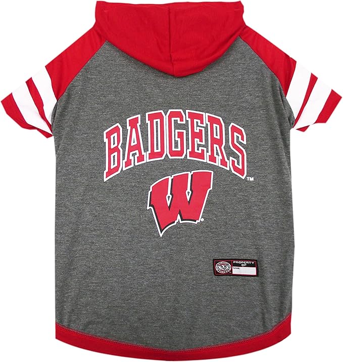 NCAA Wisconsin Badgers Hoodie for Dogs & Cats, Medium Collegiate Licensed Dog Hoody Tee Shirt. Sports Hoody T-Shirt for Pets. College Sporty Dog Hoodie Shirt.