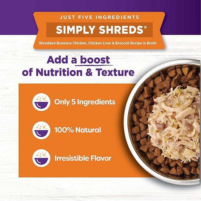 Wellness CORE Simply Shreds Natural Grain Free Wet Dog Food Mixer, Chicken, Beef & Carrots, 2.8 oz. Pouch (12 Nos) + Simply Shreds Wet Dog Food Topper, Chicken Liver & Broccoli, 2.8 oz. Pouch (12 Nos)