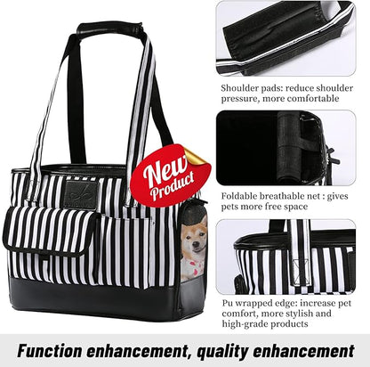 Cat Carrier, Dog Carrier, Pet Carrier, Foldable Waterproof Premium PU Leather Oxford Cloth Dog Purse, Portable Bag Carrier for Small to Medium Cat and Small Dog - Black White Stripes New