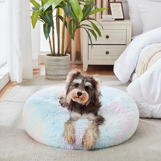 WESTERN HOME WH Calming Dog & Cat Bed, Anti-Anxiety Donut Cuddler Warming Cozy Soft Round Bed, Fluffy Faux Fur Plush Cushion Bed for Small Medium Dogs and Cats (20"/24"/27"/30")