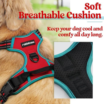 rabbitgoo Dog Harness, No-Pull Pet Harness with 2 Leash Clips, Adjustable Soft Padded Dog Vest, Reflective No-Choke Pet Oxford Vest with Easy Control Handle for Large Dogs, Red & Teal, XL