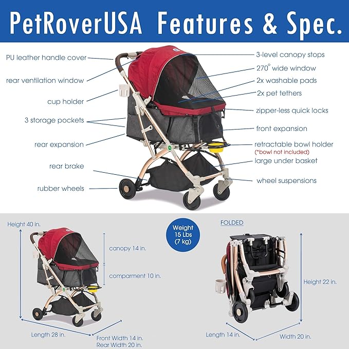 Pet Rover Lite Premium Light-Weight Dog/Cat/Pet Stroller Travel 2nd-Gen)28x20x40Inch(Pack of 1)