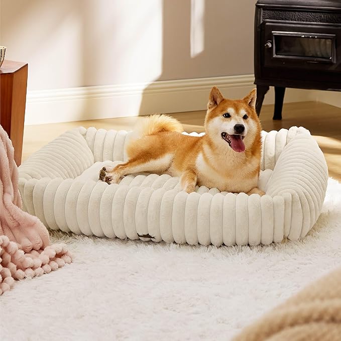 Bedsure Cute Dog Bed for Large Dogs 36x27x8inches, Cream