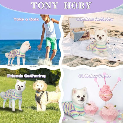 TONY HOBY Dog Pajamas, Dog 4 Legged Pajamas Jumpsuit with Rainbow Stripe, Female Dog Pajamas Pet Clothes for Small Medium Size Dog (Green&Yellow, Girl, XS)