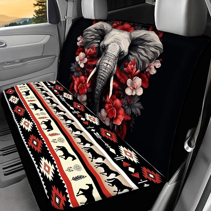 WELLFLYHOM Elephant Boho Rear Split Bench Seat Cover 2 Pack