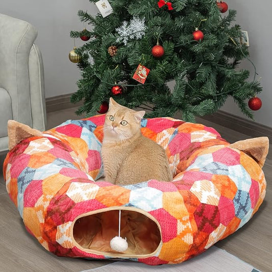 AUOON Cat Tunnel Bed with Central Mat,Big Tube Playground Toys,Soft Plush Material,Full Moon Shape for Kitten,Cat,Puppy,Rabbit,Ferret (Orange)