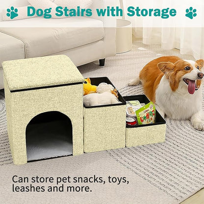 Fhiny Dog Stairs with Storage 3-Steps Foldable 160 lbs