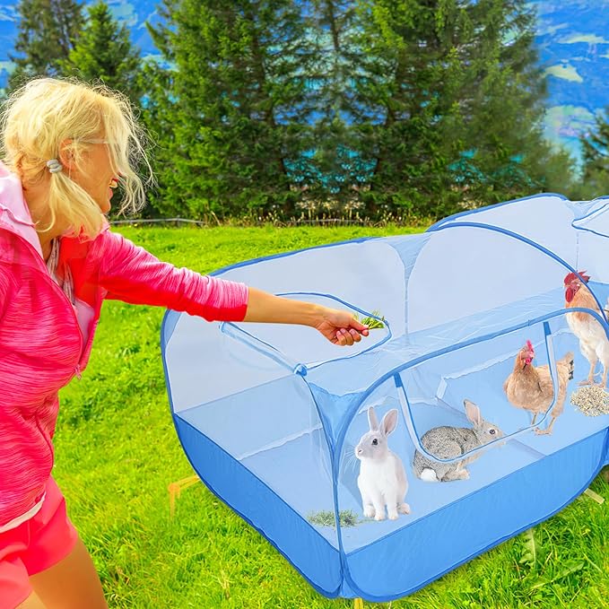 Jhua Pet Playpen for Small Animals, Portable Chicken Run with Detachable Bottom and Cover, Foldable Chicken Coop Indoor Outdoor Pet Pen with Transparent Mesh Walls for Chicken Duck Puppy Cat Rabbit