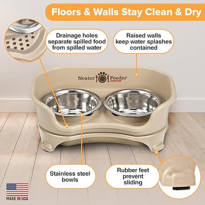 Neater Feeder - Express Model - Mess-Proof Cat Bowls (Cat, Almond) – Made in USA – Elevated, No Spill, Non-Tip, Non-Slip, Raised Stainless Steel Food & Water Pet Bowls