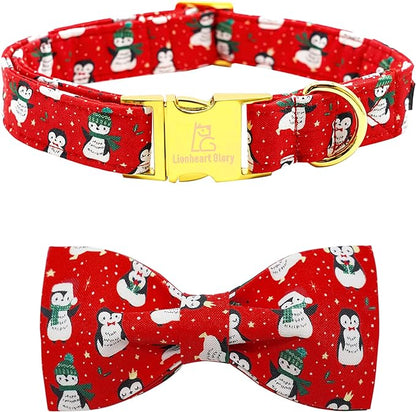 Lionheart glory Christmas Dog Collar, Red Dog Bow Collar Penguin Adjustable Soft and Comfortable Bowtie Collars for Medium Dogs Girl or Boy Pet Gift Fall Collar Dog Bow