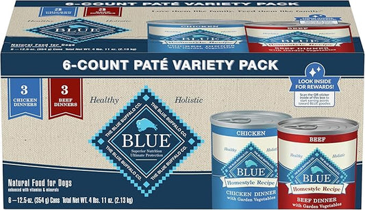 Blue Buffalo Homestyle Recipe Natural Adult Wet Dog Food Variety Pack, Chicken & Beef 12.5 oz cans (6 Count- 3 of Each Flavor)