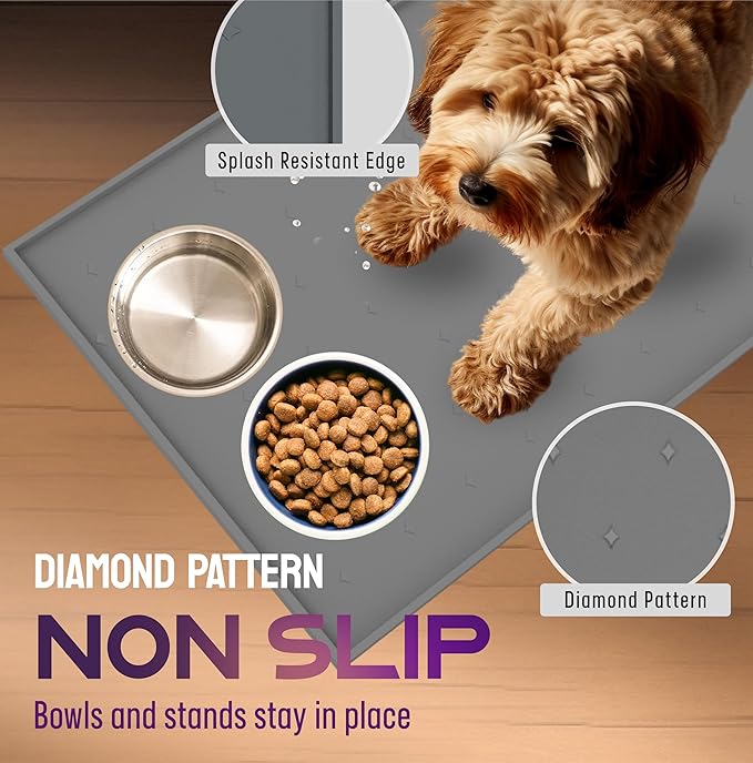 Dog Food Mat - Raised Edges Cat Food Mat Prevent Spills – 100% Waterproof Dog Mat for Food and Water Protect Floors - Easy Clean Dog Bowl Mats for Food and Water, Silicone Pet Food Mat