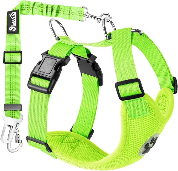 Lukovee Dog Seat Belt for Car, Adjustable Dog Car Harness for Large Medium Small Dogs, Soft Padded & Breathable Mesh Dog Seatbelt with Car Strap and Carabiner(Lime Green Double Clip,Medium)