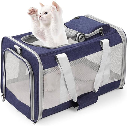 Cat Carrier Dog Carrier Portable Pet Carrier, Soft Sided Fat Cat Carrier Medium Airline Approved, Foldable Bunny Puppy Cat Carrier up to 20lbs, Cat Bag Carrier for Travel (Blue)