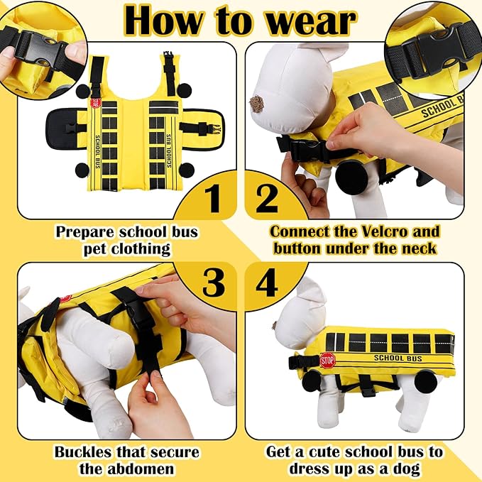 Funny School Bus Pet Costume Dog Yellow School Bus Life Jacket Swimming Boating Water Flotation Vest Halloween Pet Costume Suit for Dog Cosplay Accessories for Halloween Parties (XL)