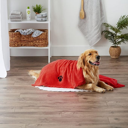 Bone Dry Pet Grooming Towel Collection Absorbent Microfiber X-Large, 41x23.5", Embroidered Red